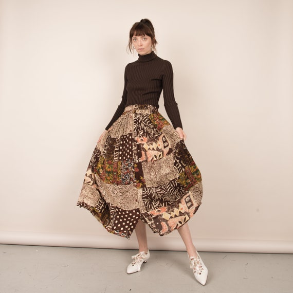Vintage Earthtone Abstract Crinkle Flowy Maxi Skir