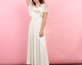 Vintage Creme Empire Waist Maxi Dress - Zipper Back, Chiffon Ruffle Sleeves | Embroidered Floral Panels | Perfect Wedding Dress, Fits S Boho