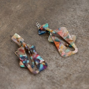 Super Cool Colorful Confetti Geometric Dangle Earrings Resin, Metal Push Back Light-Medium Weight Vibrant Statement image 6