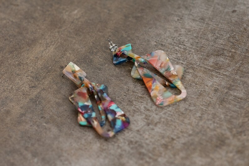 Super Cool Colorful Confetti Geometric Dangle Earrings Resin, Metal Push Back Light-Medium Weight Vibrant Statement image 6