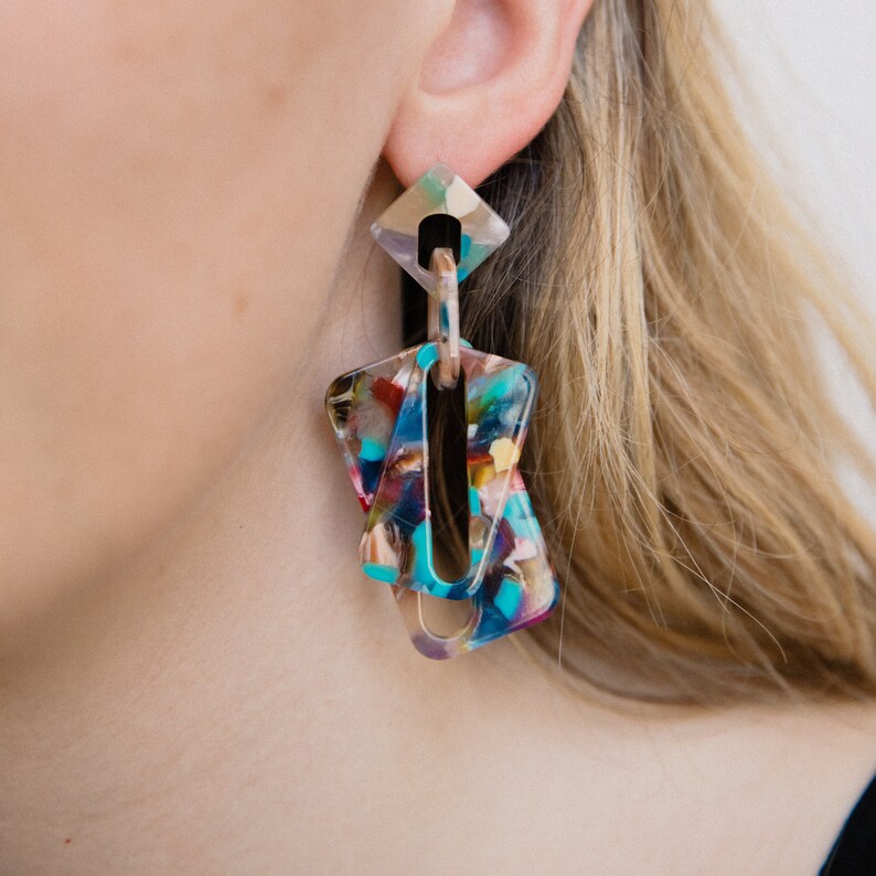 Super Cool Colorful Confetti Geometric Dangle Earrings Resin, Metal Push Back Light-Medium Weight Vibrant Statement image 1