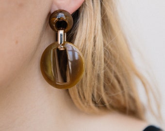 Super Cool Chunky Brown Marble Double Circle Dangle Earrings - Resin with Metal Push Back | Lightweight | Trendy Brown Marble Color