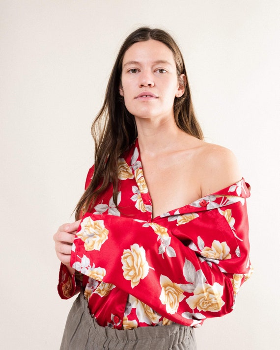 Vintage Oversized Red Floral Satin Blouse - Long … - image 1