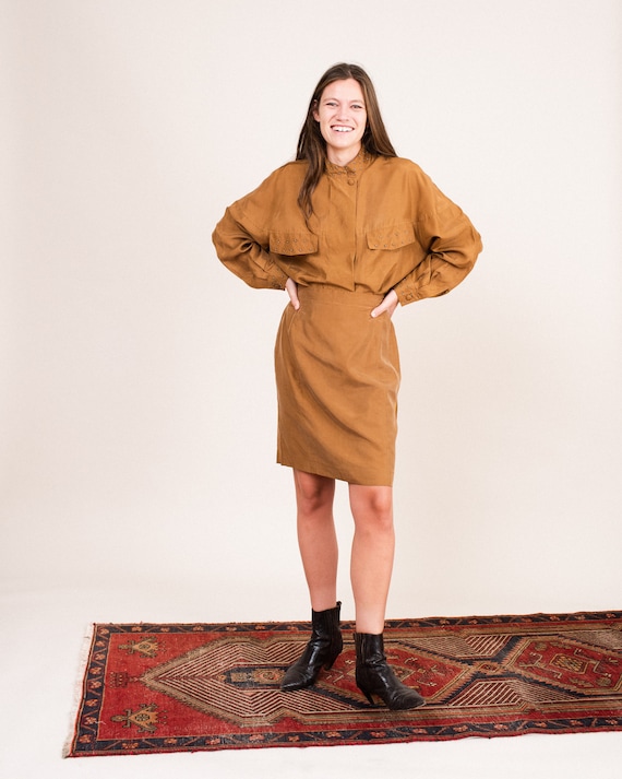 Vintage Toffee Studded Two Piece Silk Set / S/M