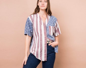 Amazing Vintage Americana Button-Up - Short Sleeves, Chest Pocket, Coolest Flag Design | Quizz New York, 100% Cotton | Excellent, Fits S/M