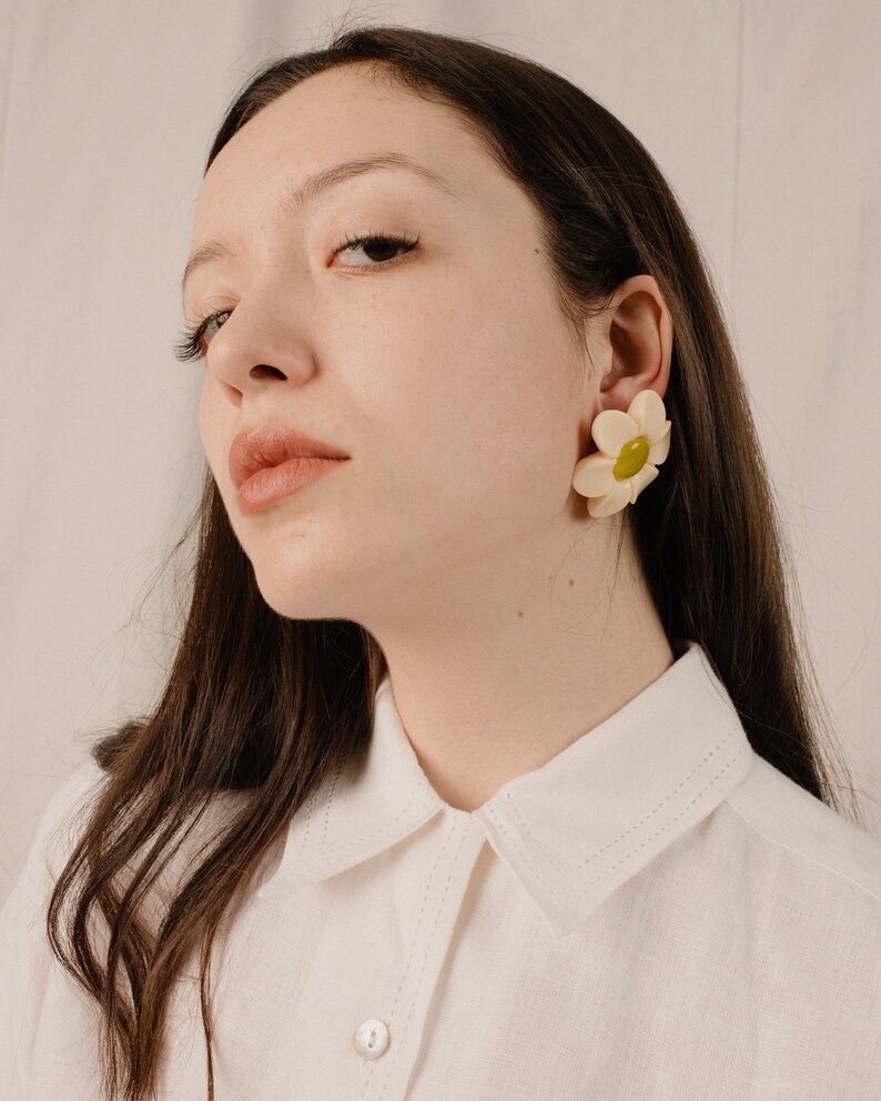 Must-Have Oversized Resin Daisy Earrings Pastel Colors, Unique Shape Metal Push Back Creme and Lime, Everything You've Ever Wanted image 2