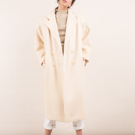 Vintage Oversized Cream Wool and Leather Overcoat