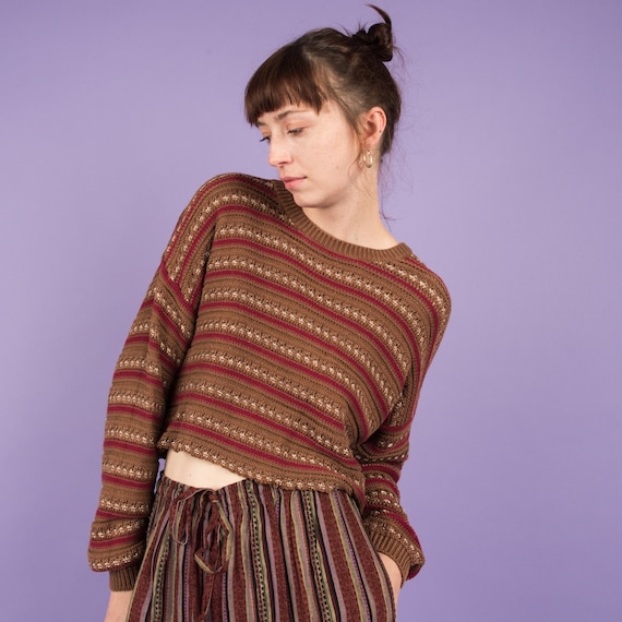 Vintage Earthtone Striped Cropped Chunky Knit Swea