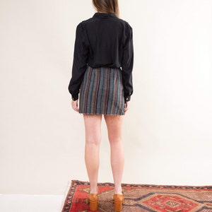 Amazing Vintage Tweed Striped Cropped Mini Skirt Button & Zipper Closure, Raw Hem Cristina's Grey/Green/Yellow/Black Striped, Fits XS image 4