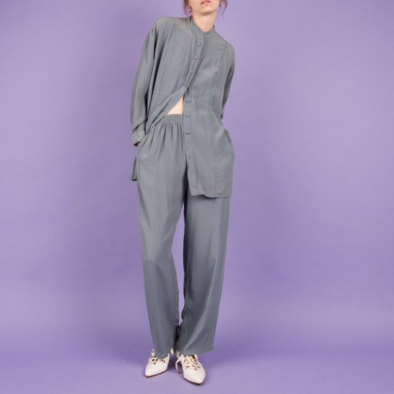 Vintage Blue Gray Two Piece Silk Set / S/M