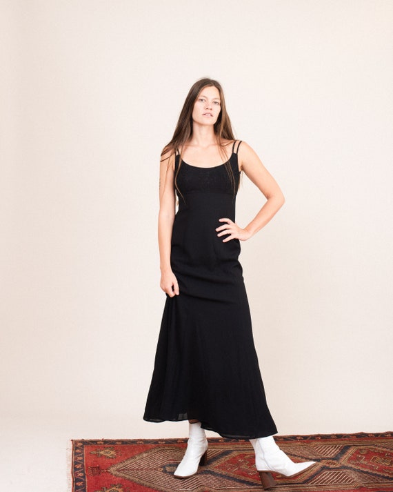 Vintage Black Embroidered Maxi Slip Dress / S