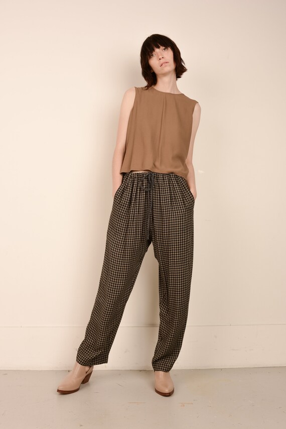 Vintage Black and Beige Plaid Easy Pants / S/M