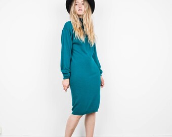Vintage Oversized Teal Knit Dress - Long Sleeves, Super Cozy, Mock Turtleneck, Front Zipper | Clifford & Wills, Lambswool,Angora | Fits S