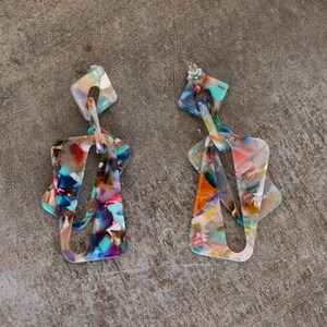 Super Cool Colorful Confetti Geometric Dangle Earrings Resin, Metal Push Back Light-Medium Weight Vibrant Statement image 4