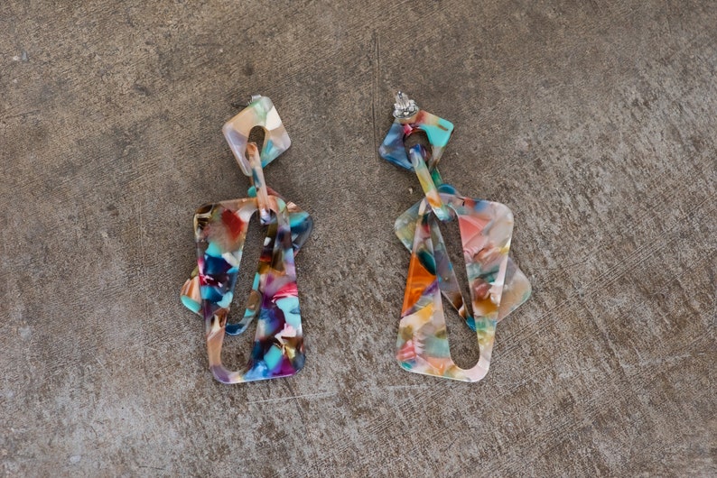 Super Cool Colorful Confetti Geometric Dangle Earrings Resin, Metal Push Back Light-Medium Weight Vibrant Statement image 4