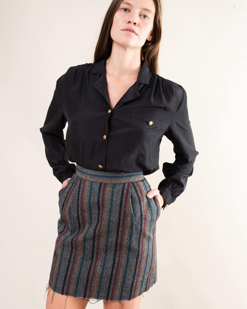 Amazing Vintage Tweed Striped Cropped Mini Skirt Button & Zipper Closure, Raw Hem Cristina's Grey/Green/Yellow/Black Striped, Fits XS image 6