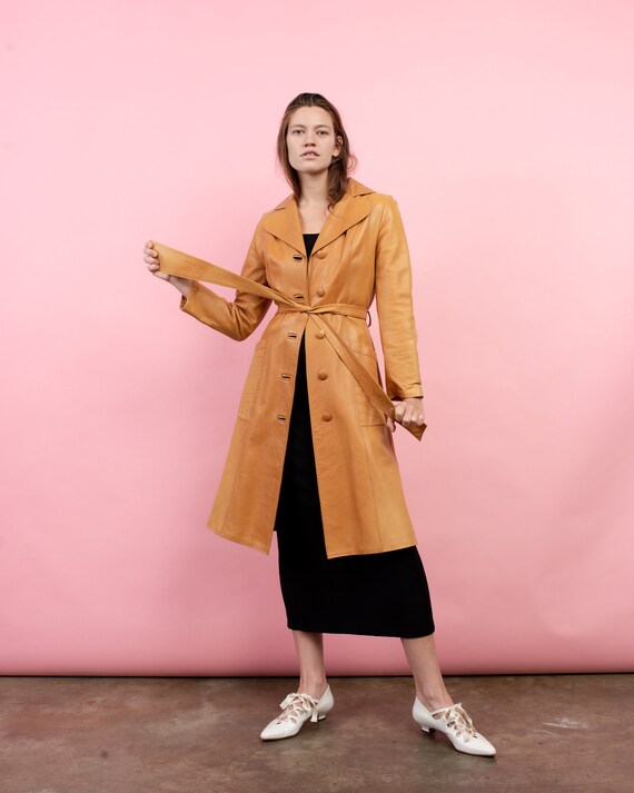Vintage 70s Orange Leather Trench Coat / S