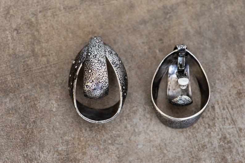 Oversized Silver Hammered Rhinestone Teardrop Clip-On Earrings Metal, Rhinestones, Light-Medium Weight Striking Statement image 6