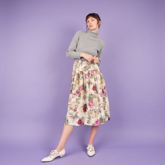 Vintage Creme + Pastel Floral Peasant Skirt / XS