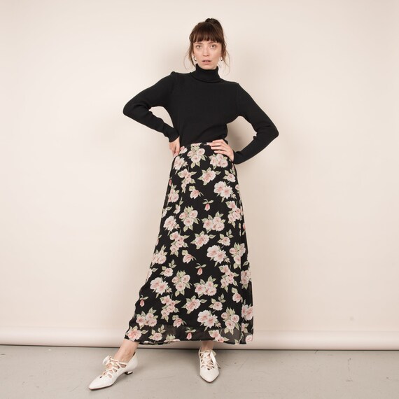 Vintage Black Floral Chiffon Maxi Skirt Zip Waist fully Lined