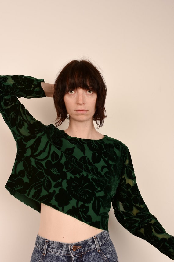 Vintage Floral Velvet Flocked Emerald Crop Top / S