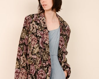 Vintage Black Rose Floral Brocade Jacket - Boxy Fit, One Button Closure | Unique Woven Fabric | Oversized S, Stylish Statement Piece!
