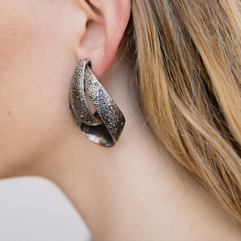 Oversized Silver Hammered Rhinestone Teardrop Clip-On Earrings Metal, Rhinestones, Light-Medium Weight Striking Statement image 2