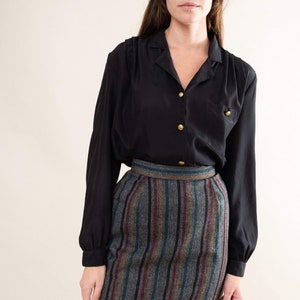 Amazing Vintage Tweed Striped Cropped Mini Skirt Button & Zipper Closure, Raw Hem Cristina's Grey/Green/Yellow/Black Striped, Fits XS image 7