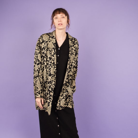 Vintage Black + Beige Floral Oversized Silk Blazer