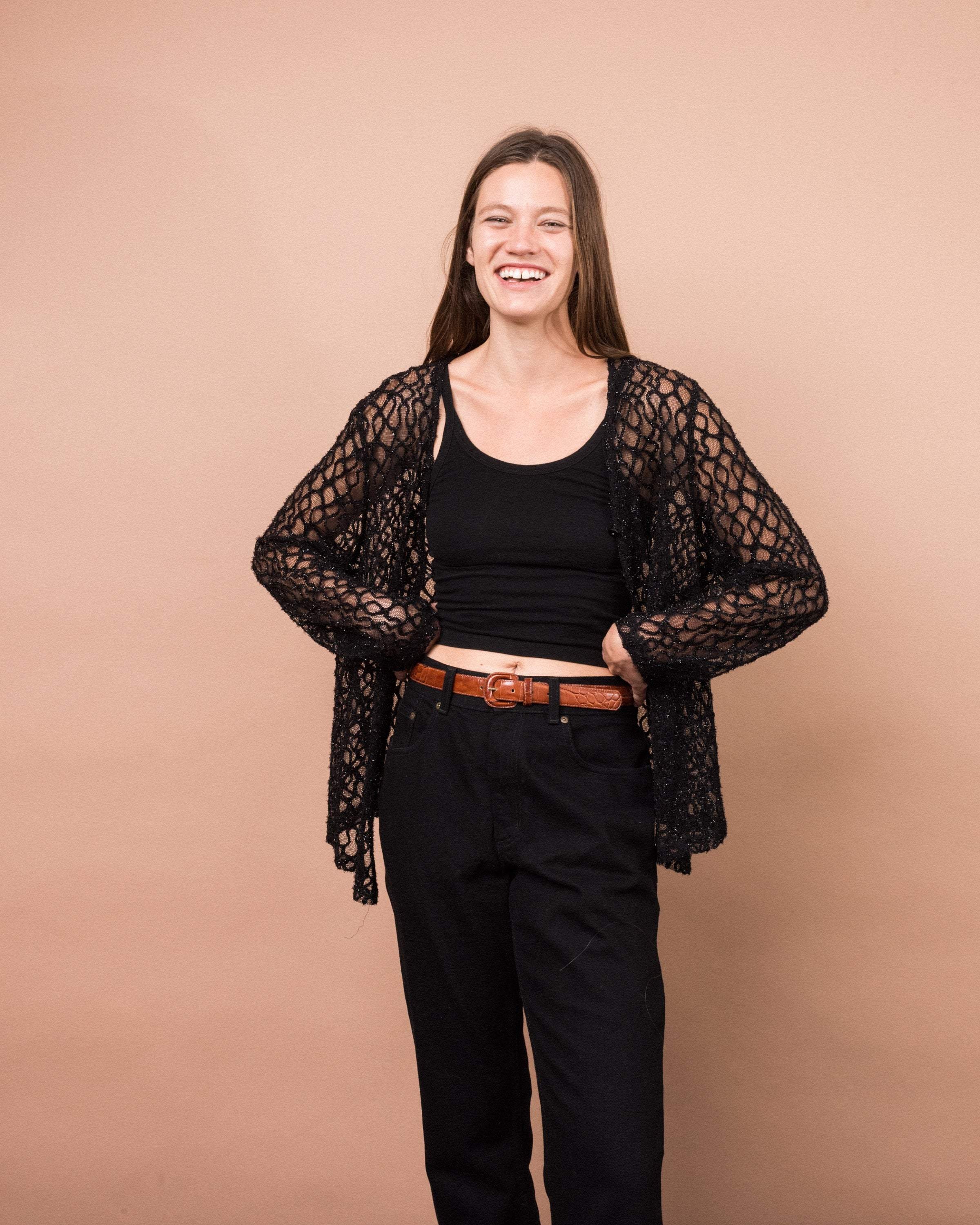 Chic Vintage Lace Cardigan - Long Sleeves, Black Sparkle