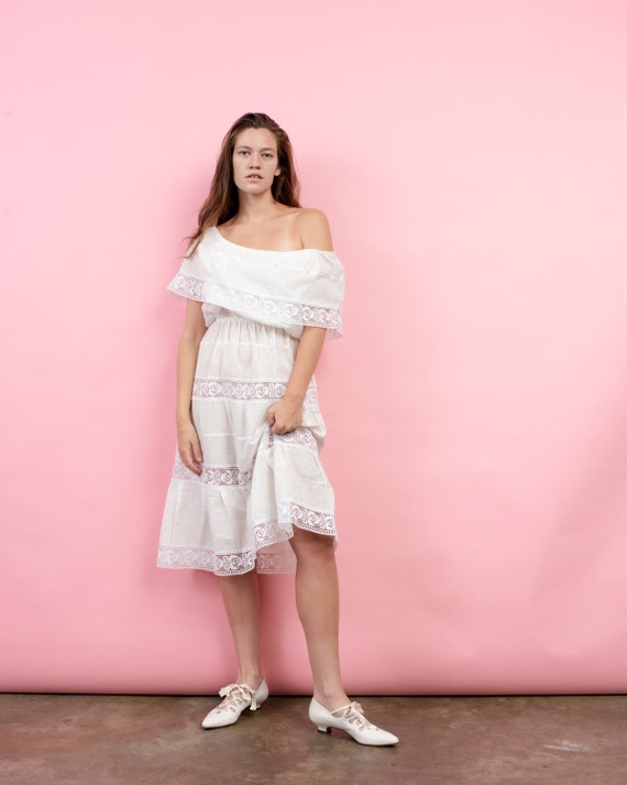 Vintage 70s White Boho Cotton Crochet Peasant Dres