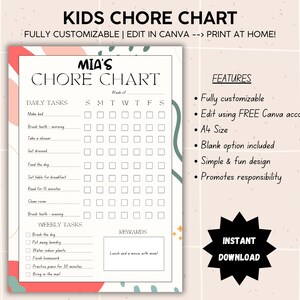 Kids Chore Chart | Daily Chores for Kids | Weekly Chore Template | Editable | Printable Chore List for Kids | Responsibility Chart for Kids