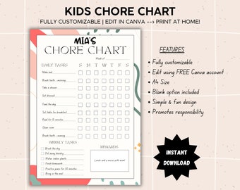 May include: A printable chore chart for kids with a pink, green, and white color scheme. The chart is titled "Mia's Chore Chart" and includes daily and weekly tasks with checkboxes for each day of the week. The chart also includes a section for rewards. The text "Fully customizable | Edit in Canva --> Print at home!" is at the top of the chart. The text "INSTANT DOWNLOAD" is in a black star shape at the bottom right of the chart.