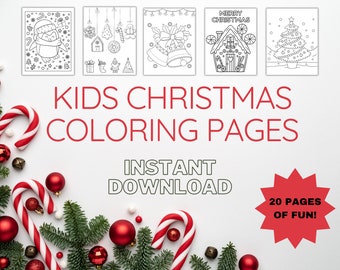May include: A set of 20 printable Christmas coloring pages for kids. The pages feature a penguin, ornaments, bells, a gingerbread house, and a Christmas tree. The text "KIDS CHRISTMAS COLORING PAGES" and "INSTANT DOWNLOAD" is displayed in the center of the image. A red starburst with the text "20 PAGES OF FUN!" is in the lower right corner.