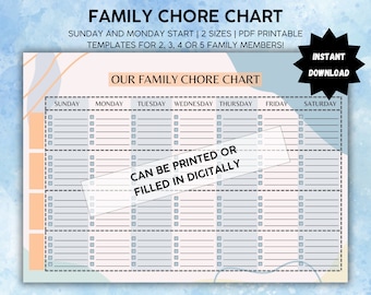 Family Chore Chart Template | Printable Family Planner | Weekly Chore Chart | Household Planner | Editable Chore List | Kids Chore Chart