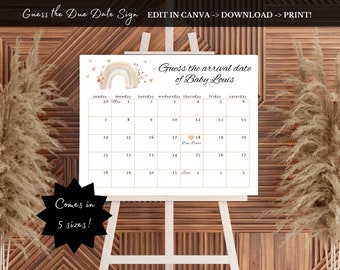 Puede incluir: Un cartel de juego de baby shower imprimible con un diseño de arcoíris y flores. El cartel dice "Adivina la fecha de llegada del bebé Louis" e incluye un calendario con un corazón que marca la fecha de parto.