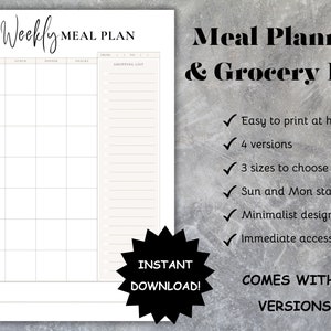 Planejador de refeições editável com lista de compras, para impressão, planejador de refeições semanal, modelo de plano de refeições minimalista, planejador de alimentos, planejador de compras