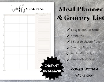 Editable Meal Planner with Grocery List, Printable, Weekly Meal Planner, Minimalist Meal Plan Template, Food Planner, Grocery Planner