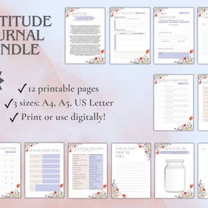 Diario de gratitud digital, paquete de diario de gratitud imprimible, diario de atención plena, plantillas de gratitud, diario de gratitud floral