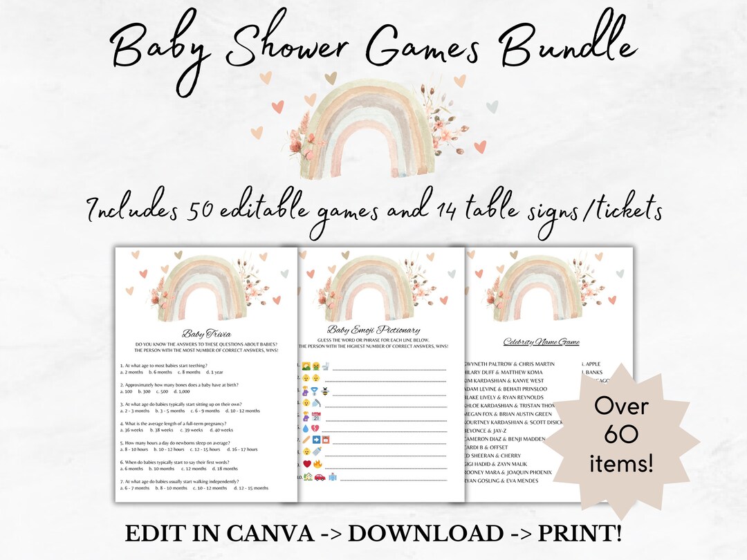 Editable Baby Shower Games Bundle | Boho | Rainbow | Gender Neutral ...