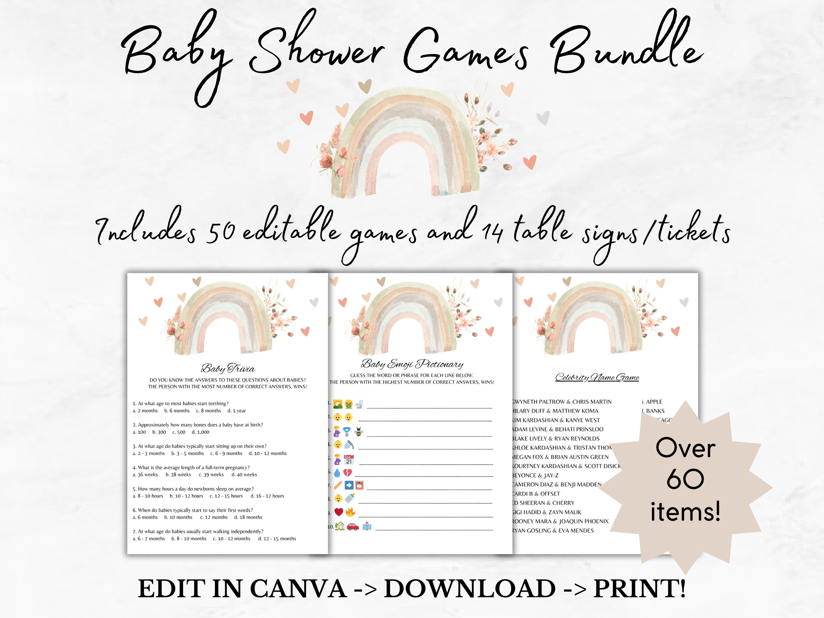 Editable Baby Shower Games Bundle | Boho | Rainbow | Gender Neutral ...