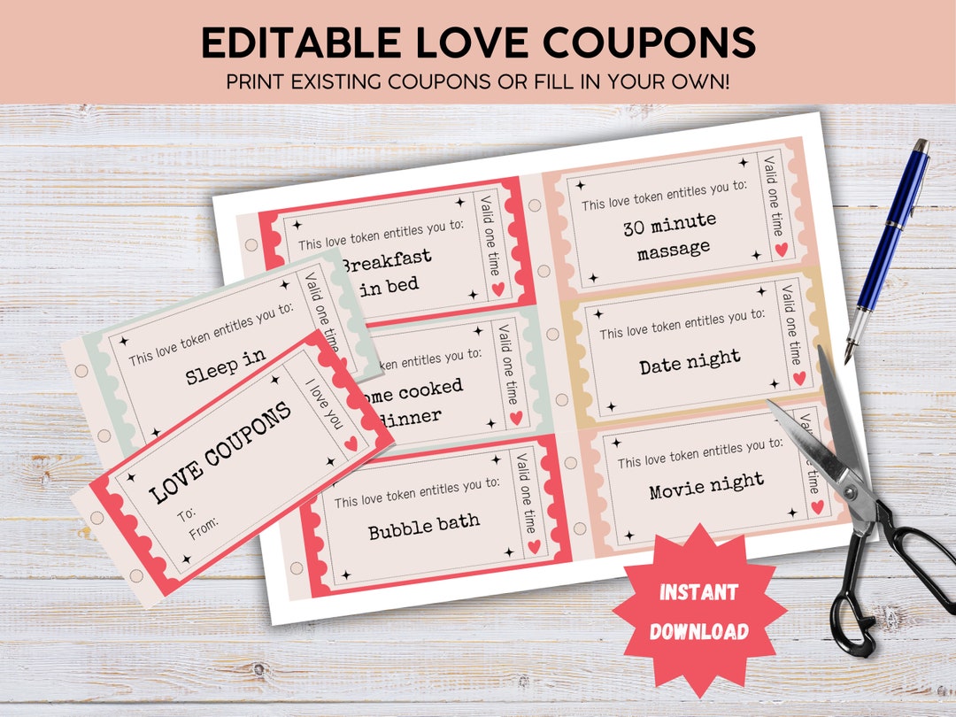 Printable Love Coupon Book Valentines Day Coupons Love Coupon Template ...