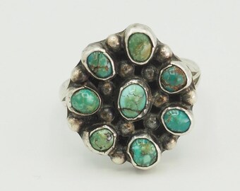 Vintage handgemachter Navajo Native American Türkis Sterlingsilbercluster Blumenring