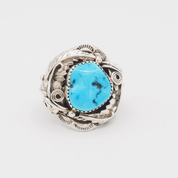 Heavy Vintage Navajo Native American Lutricia Yellowhair turquoise sterling silver detailed southwestern men's ring size 10