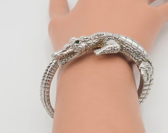 Vintage Designer Italy sterling silver 3D figural crocodile alligator reptile animal open wrap clamper bracelet, Goth Bohemian bangle