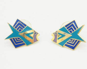 Vintage Laurel Burch ""Siamese Fish"" blau goldene florale Ohrstecker aus Emaille."