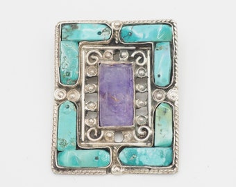 Vintage MATL Matilde Poulat Salas Amethyst Turquoise sterling silver rectangular pendant brooch Mexico signed