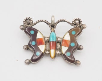 ヴィンテージ ズニ バタフライ ピン ペンダント：ターコイズ、タイガー