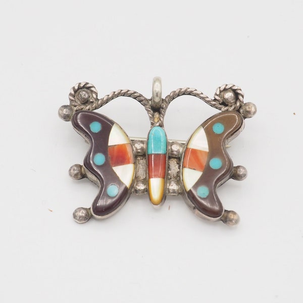 Vintage Zuni Native American turquoise Tiger's eye mosaic inlay butterfly pin pendant brooch, Miniature American Indian pin 1950's