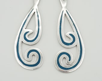 Vintage Taxco sterlingzilveren blauw geëmailleerde gespleten gespleten hangoorbellen